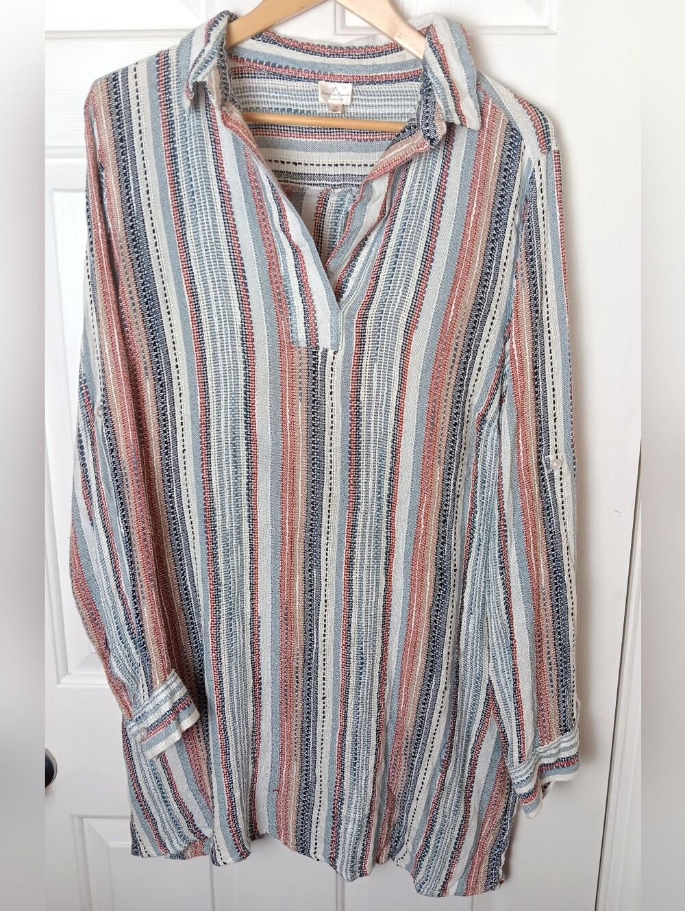 Keep In Touch Tunic Top/Dress/Cover Up Womens 1X Blue Multi Color Stripe Boho